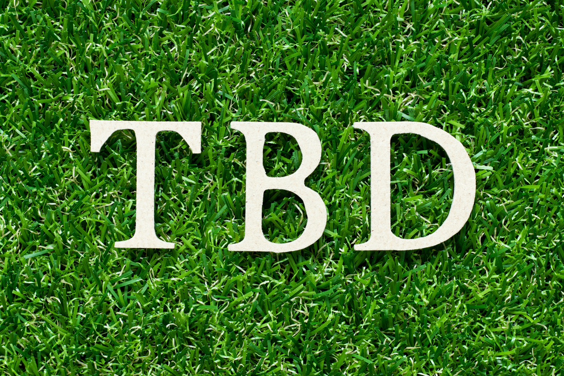 Wood alphabet letter in word TBD (Abbreviation of to be defined, discussed, determined, decided, deleted or declared) on green grass background